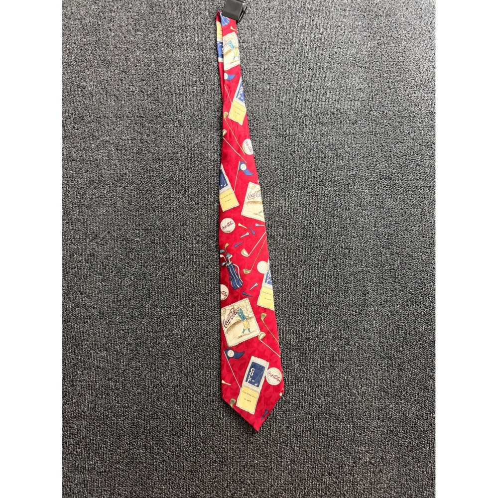 Coca-Cola Mens Vintage Golf Graphic Print 100% Silk Necktie Red RN 74086